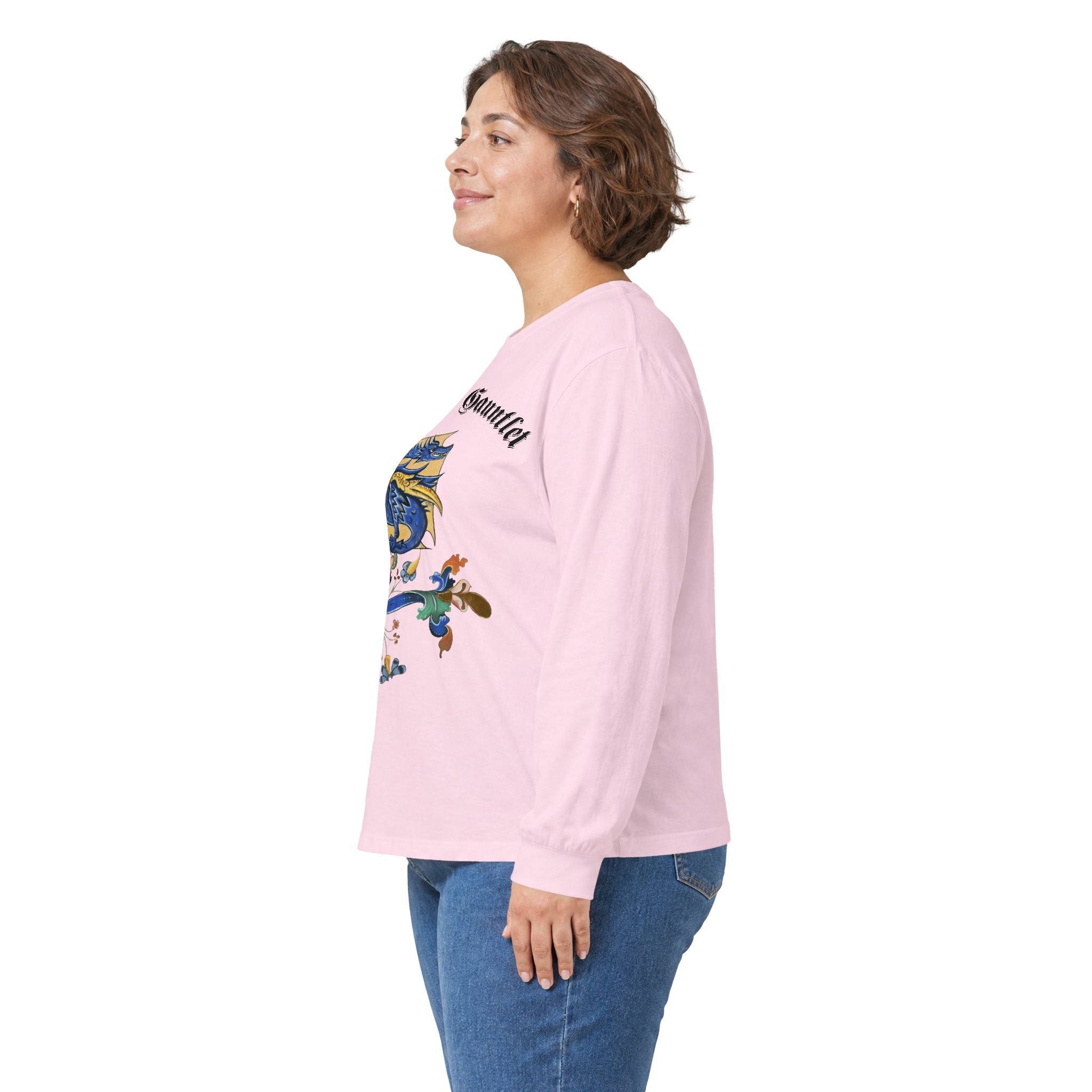 Medieval Gauntlet Long Sleeve Tee — 'The Iron Gauntlet' Dragon Crest Shirt
