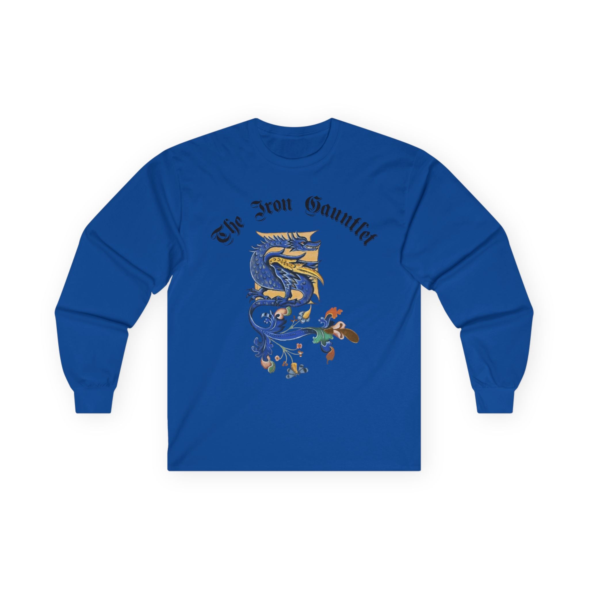 Medieval Gauntlet Long Sleeve Tee — 'The Iron Gauntlet' Dragon Crest Shirt