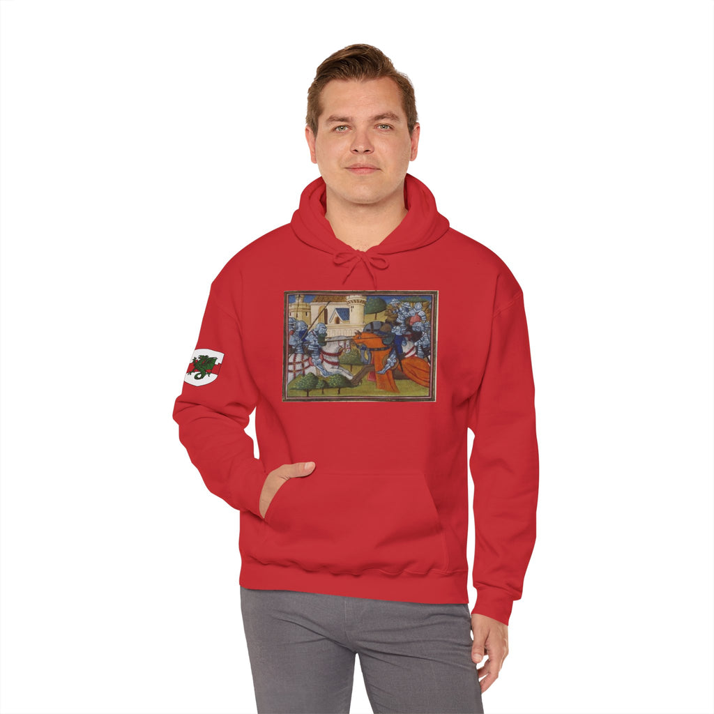 Medieval Knight Hoodie — Heraldic Fist Crest & Tapestry Art Hoodie