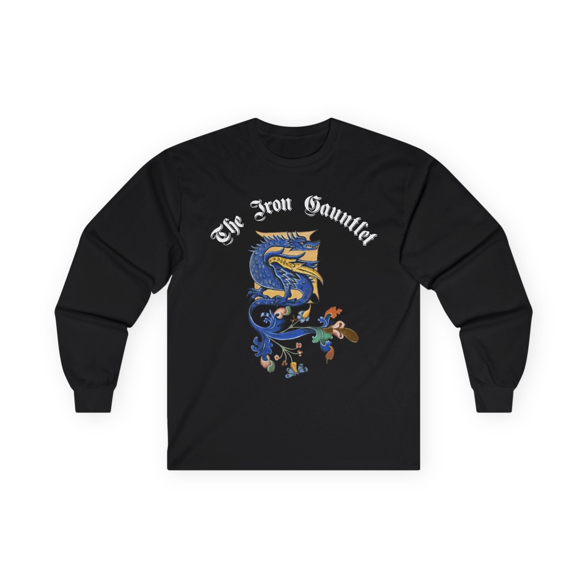 Medieval Gauntlet Long Sleeve Tee — 'The Iron Gauntlet' Dragon Crest Shirt