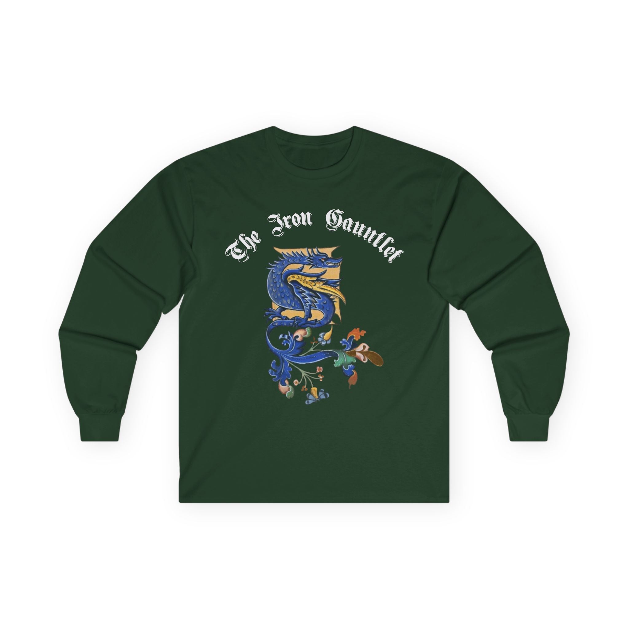 Medieval Gauntlet Long Sleeve Tee — 'The Iron Gauntlet' Dragon Crest Shirt