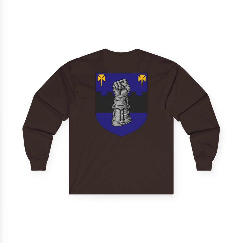 Medieval Gauntlet Long Sleeve Tee — 'The Iron Gauntlet' Dragon Crest Shirt