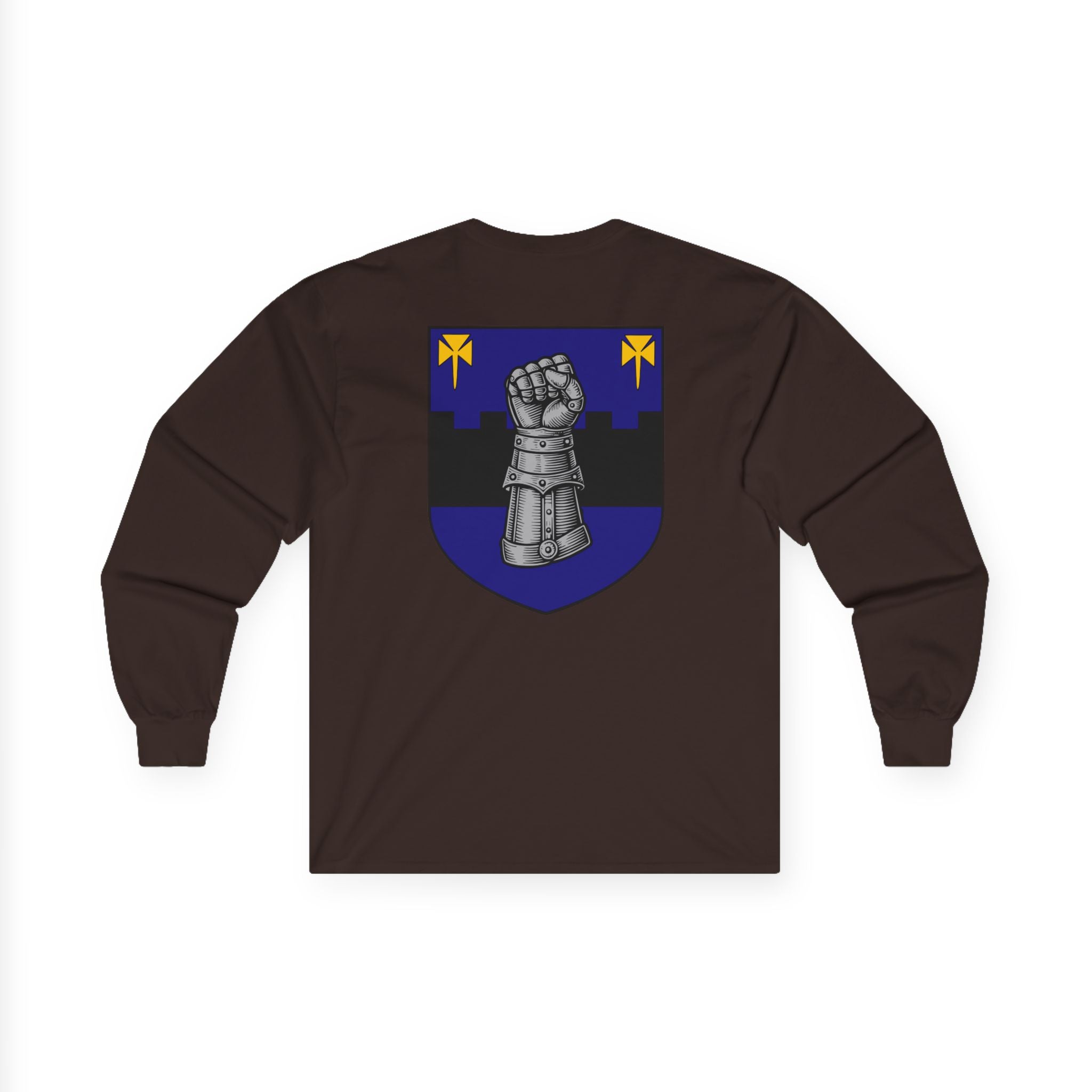 Medieval Gauntlet Long Sleeve Tee — 'The Iron Gauntlet' Dragon Crest Shirt