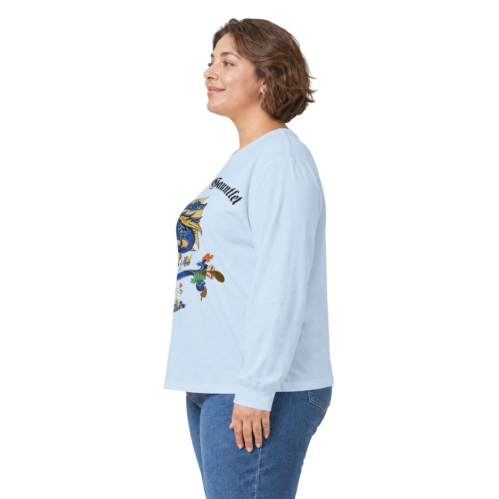 Medieval Gauntlet Long Sleeve Tee — 'The Iron Gauntlet' Dragon Crest Shirt