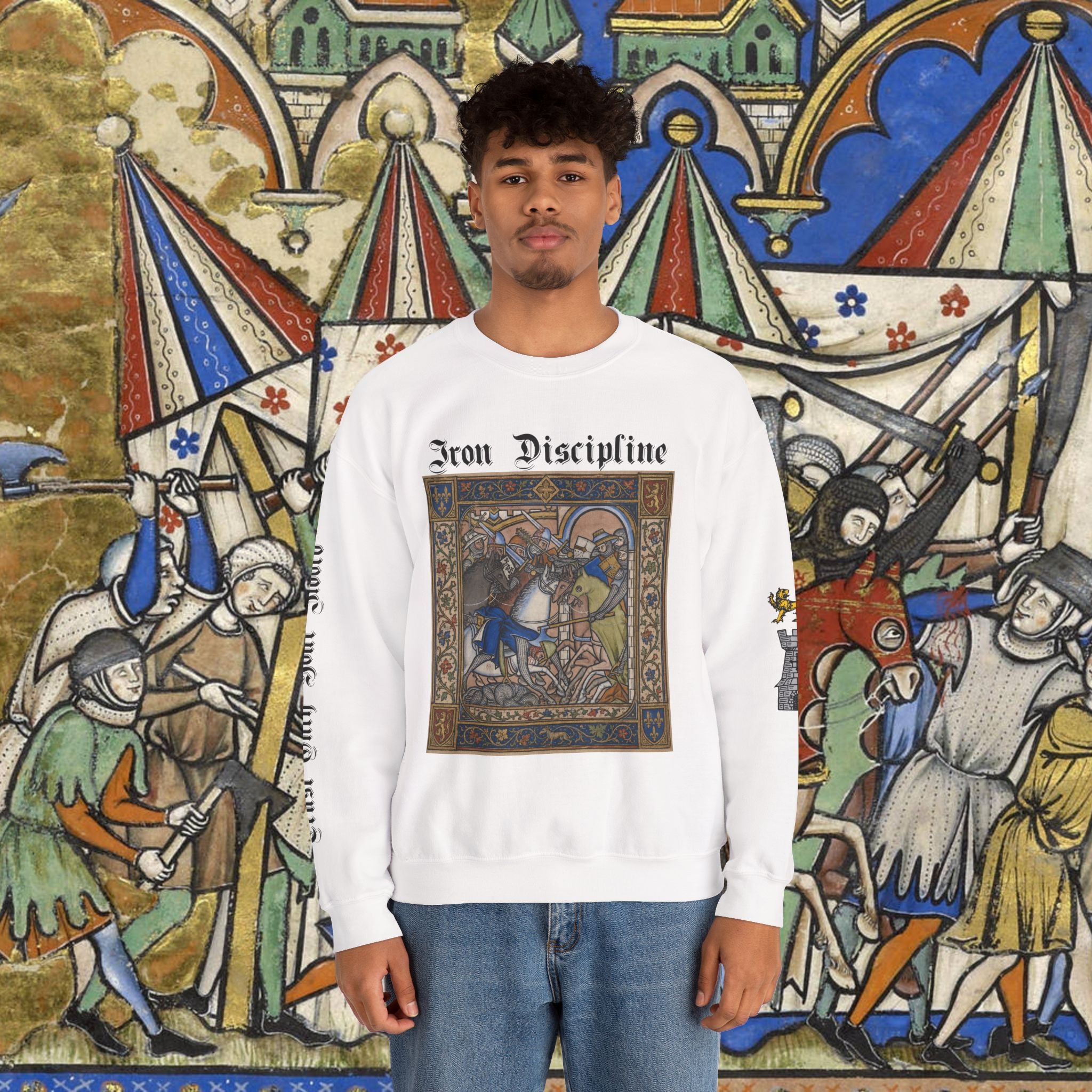 Iron Discipline Crewneck Sweatshirt — Medieval Gauntlet Graphic