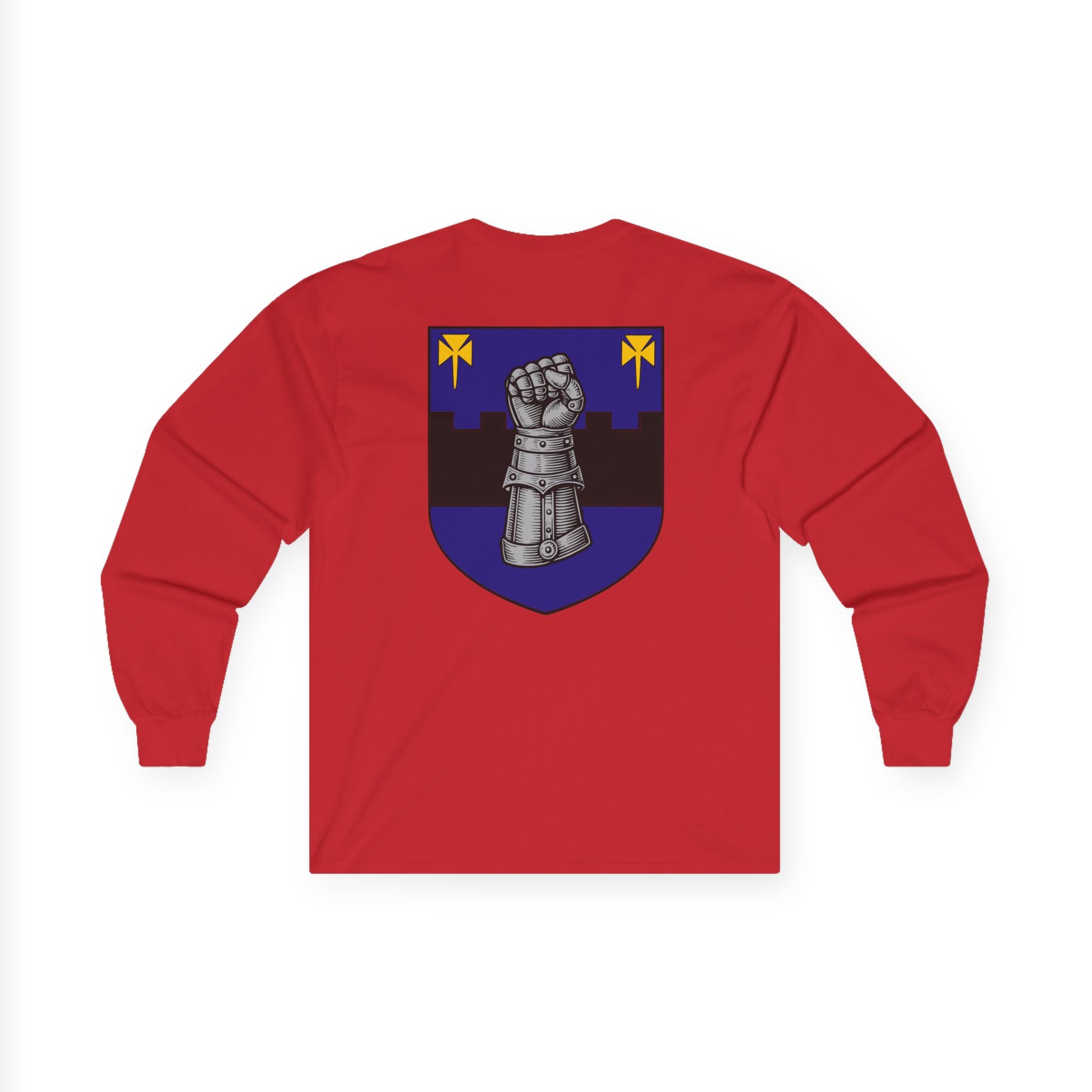 Medieval Gauntlet Long Sleeve Tee — 'The Iron Gauntlet' Dragon Crest Shirt