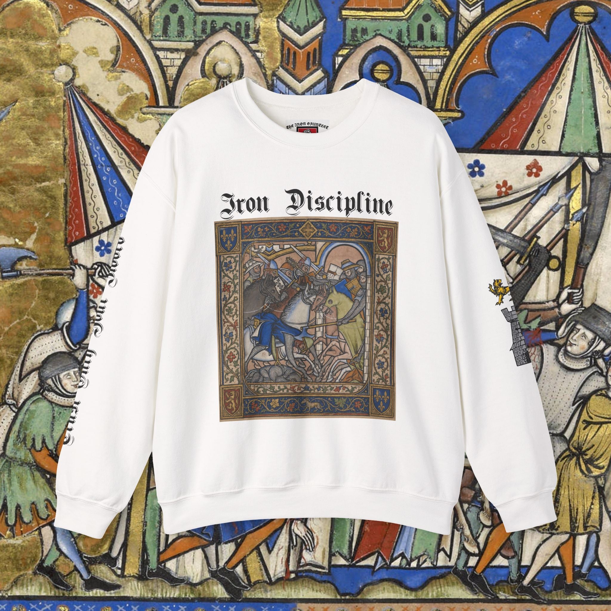 Iron Discipline Crewneck Sweatshirt — Medieval Gauntlet Graphic