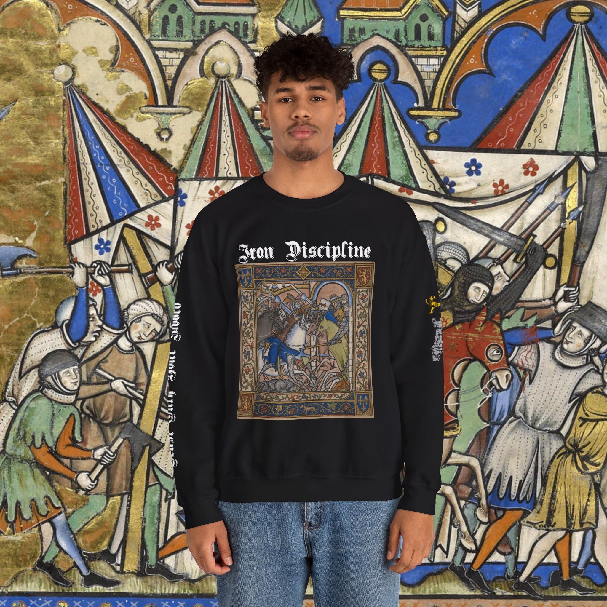 Iron Discipline Crewneck Sweatshirt — Medieval Gauntlet Graphic