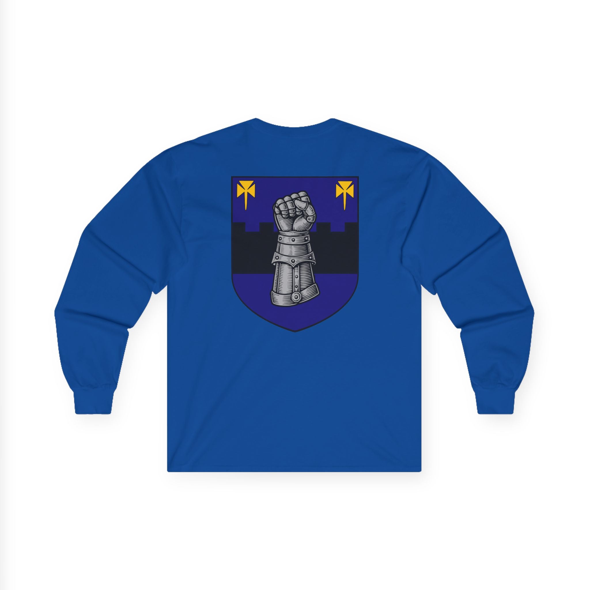 Medieval Gauntlet Long Sleeve Tee — 'The Iron Gauntlet' Dragon Crest Shirt