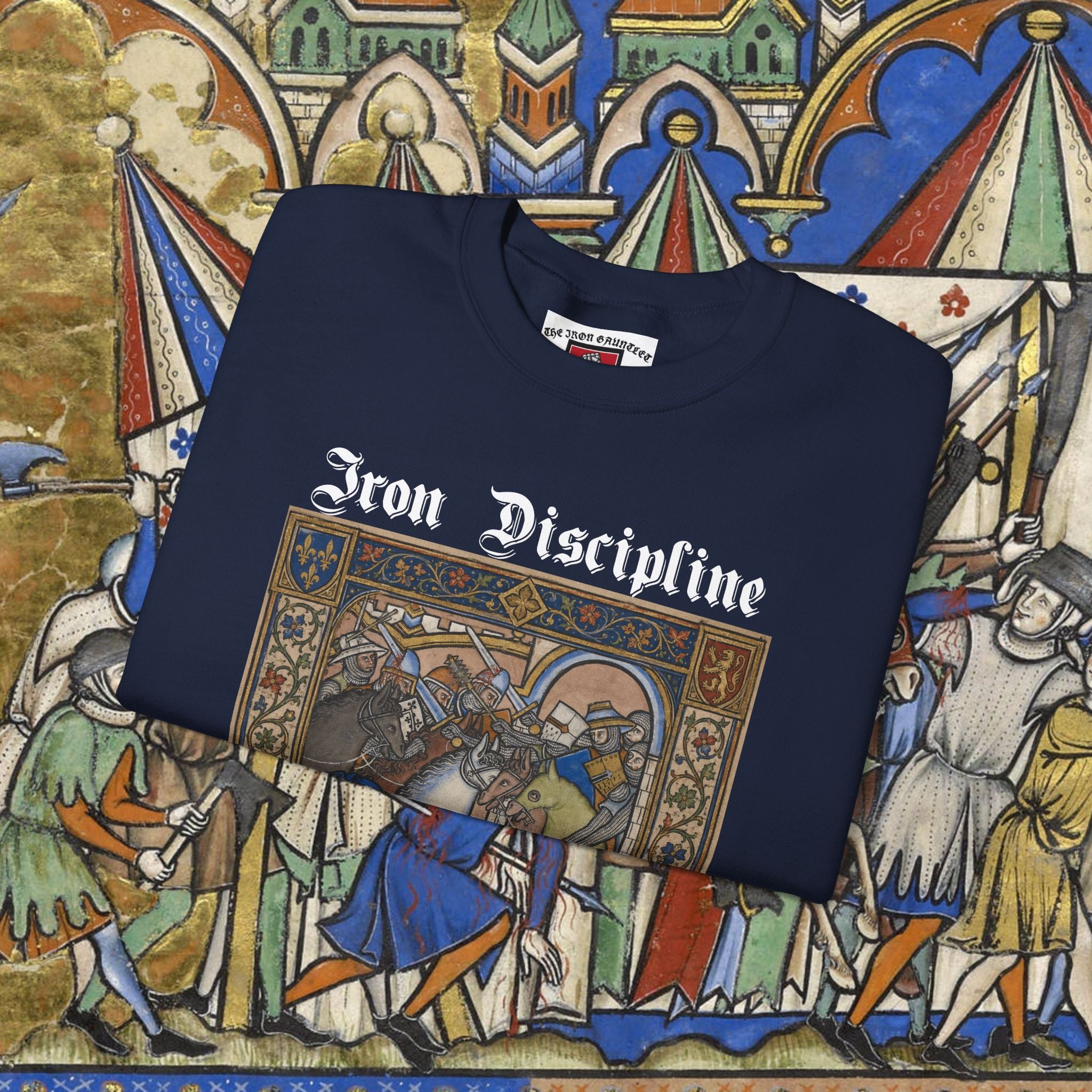 Iron Discipline Crewneck Sweatshirt — Medieval Gauntlet Graphic