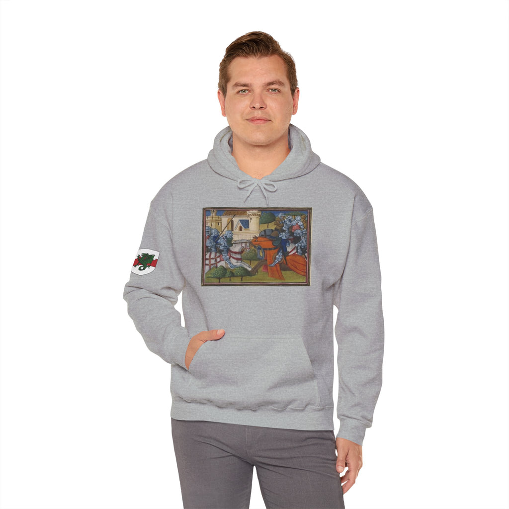 Medieval Knight Hoodie — Heraldic Fist Crest & Tapestry Art Hoodie