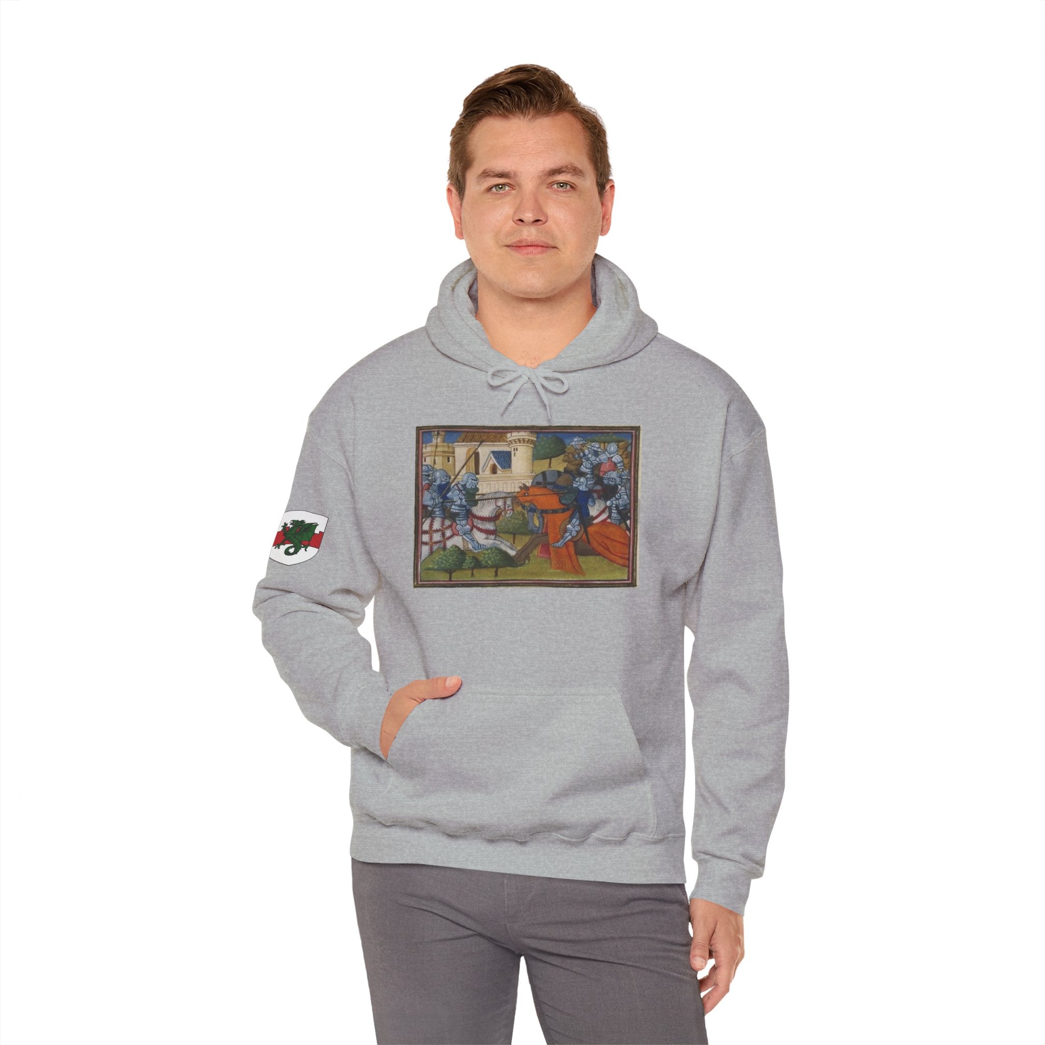 Medieval Knight Hoodie — Heraldic Fist Crest & Tapestry Art Hoodie