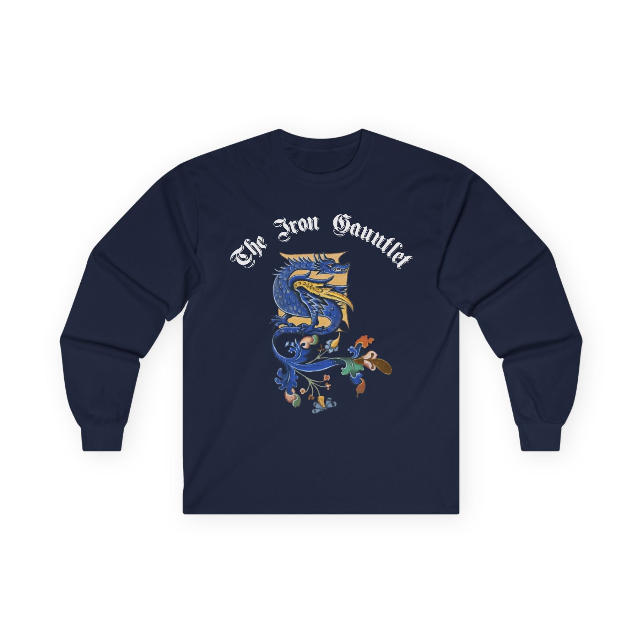 Medieval Gauntlet Long Sleeve Tee — 'The Iron Gauntlet' Dragon Crest Shirt