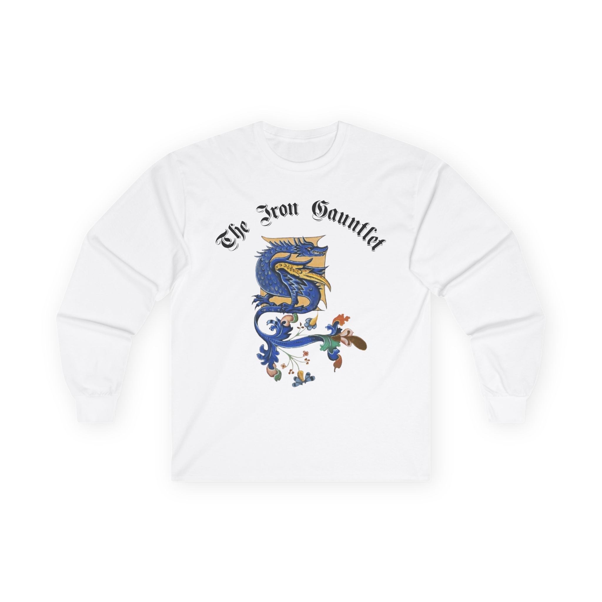Medieval Gauntlet Long Sleeve Tee — 'The Iron Gauntlet' Dragon Crest Shirt