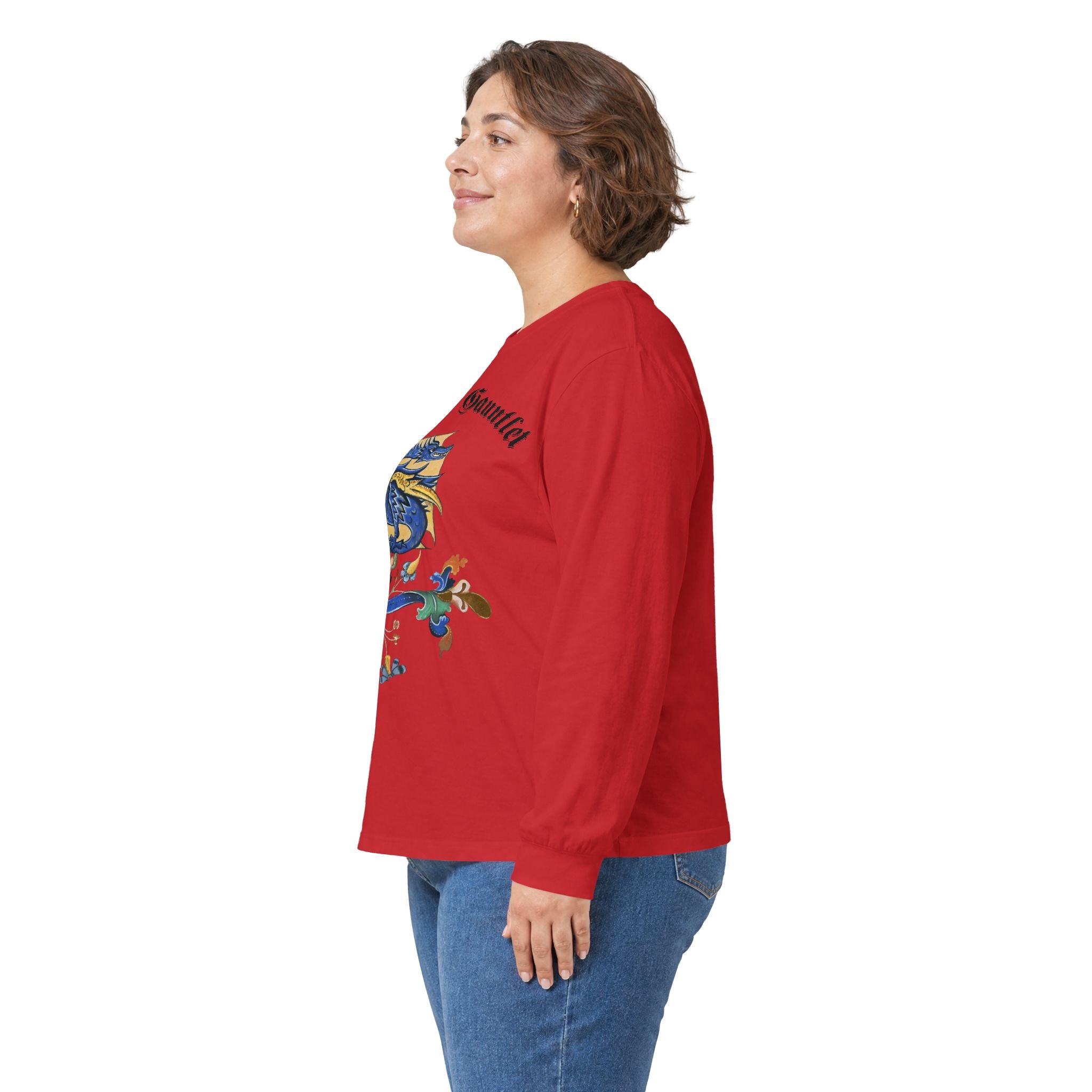 Medieval Gauntlet Long Sleeve Tee — 'The Iron Gauntlet' Dragon Crest Shirt