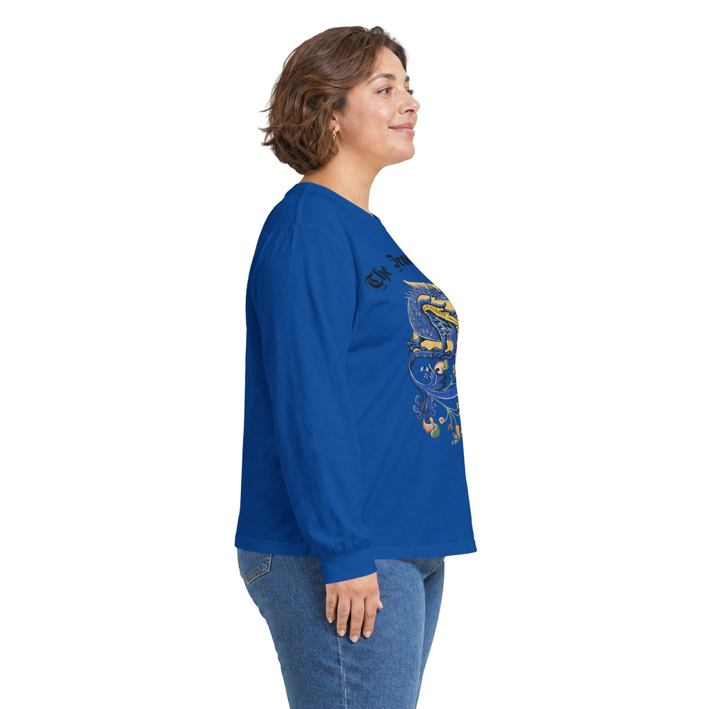 Medieval Gauntlet Long Sleeve Tee — 'The Iron Gauntlet' Dragon Crest Shirt