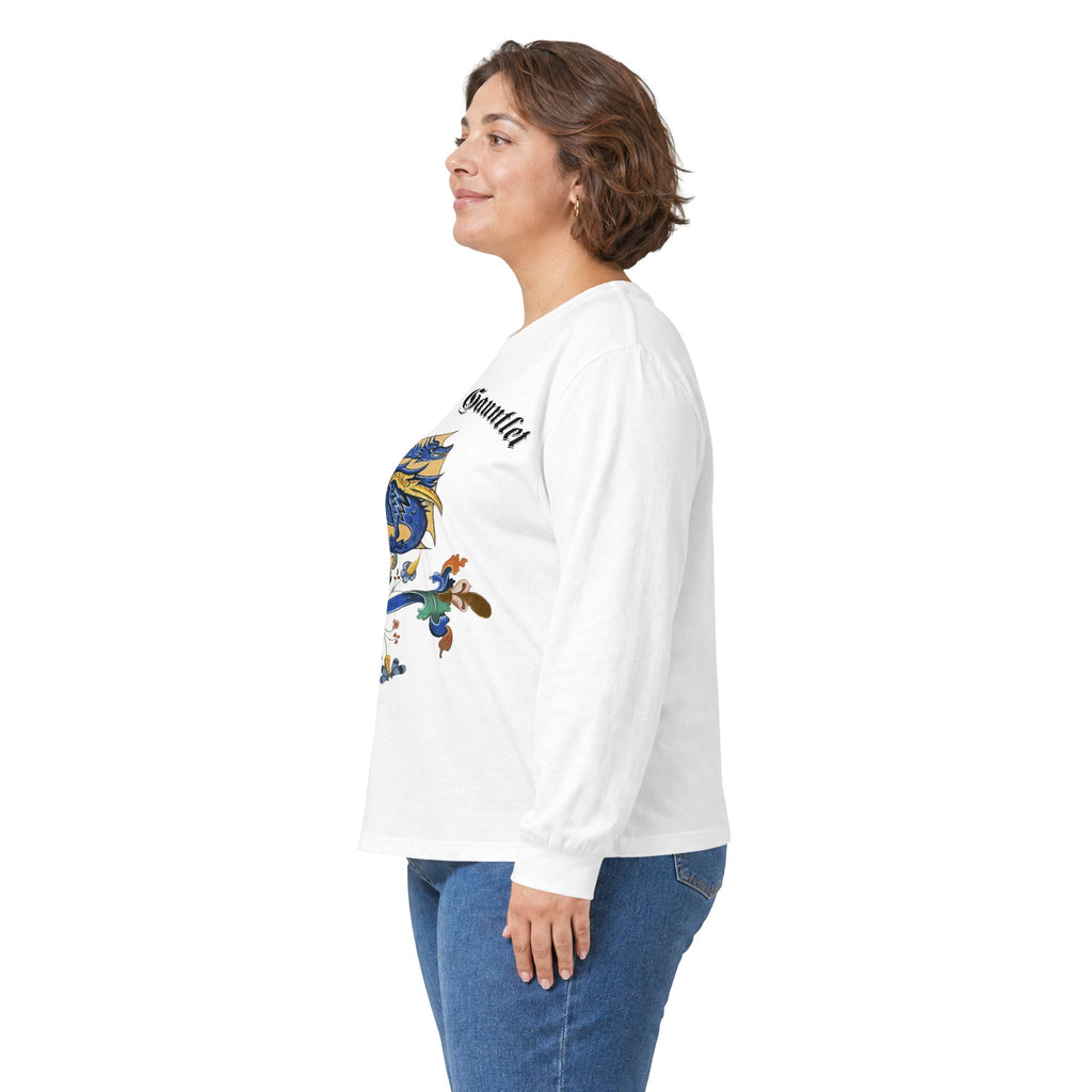 Medieval Gauntlet Long Sleeve Tee — 'The Iron Gauntlet' Dragon Crest Shirt