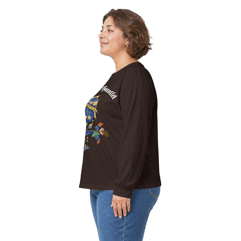 Medieval Gauntlet Long Sleeve Tee — 'The Iron Gauntlet' Dragon Crest Shirt